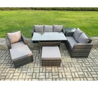 Fimous 7 Piece Rattan Garden Furniture Set with Patio Sofa Rectangular Dining Table Side Table 2 Big Footstool Indoor Conservatory Patio Set