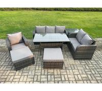 Fimous 7 Piece Rattan Garden Furniture Set with Patio Sofa Rectangular Dining Table Side Table 2 Big Footstool Indoor Conservatory Patio Set Dark Grey