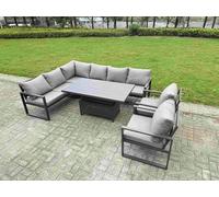 Fimous 7 Pieces Aluminium Garden Furniture Sets with Adjustable Rising Lifting Dining Table Chair 8 Seater Corner Sofa Set Dark Grey