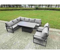 Fimous 7 Pieces Aluminium Garden Furniture Sets With Adjustable Rising Lifting Dining Table Chair 8 Seater Corner Sofa Set