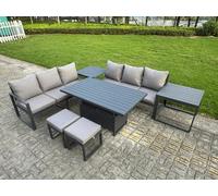 Fimous 7 Pieces Garden Furniture Set Aluminium Adjustable Rising Lifting Dining Table and Sofa Set with 2 Side Tables 2 Small Footstools Dark Grey