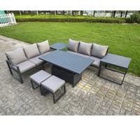 Fimous 7 Pieces Garden Furniture Set Aluminium Adjustable Rising Lifting Dining Table and Sofa Set with 2 Side Tables 2 Small Footstools Dark Grey