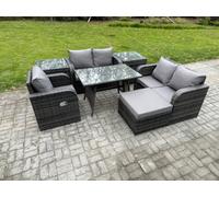 Fimous 7 Pieces Outdoor Garden Dining Sets Rattan Furniture With Love Sofa 2 Side Tables Big Footstool Dark Grey Mixed