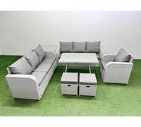 Fimous 7 Pieces Outdoor PE Rattan Garden Furniture with Cushions Reclining Chair Side Table 2 Small Stools Light Grey