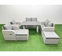 Fimous 7 Pieces Outdoor Pe Rattan Sofa Reclining Chair Set Patio Garden Furniture Sets With Cushions 2 Big Stools Light Grey