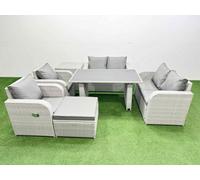 Fimous 7 Pieces Outdoor PE Rattan Sofa Reclining Chair Set Patio Garden Furniture Sets with Cushions Side Table Big Stool Light Grey