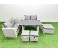 Fimous 7 Pieces Outdoor PE Rattan Sofa Set Patio Garden Furniture Sets with Cushions Side Table 3 Stools Light Grey