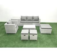Fimous 7 Pieces Rattan Garden Furniture Set Outdoor Garden Sofa Chair Coffee Table Set with Side Table 3 Footstools Light Grey Mixed