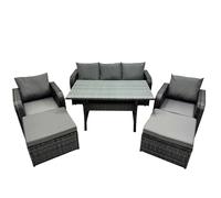 Fimous 7 Seat Outdoor Wicker PE Rattan Garden Furniture Set Dining Table Sofa Set with 2 Big Stool Dark Grey Mixed