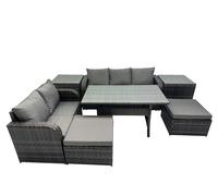 Fimous 7 Seat Outdoor Wicker PE Rattan Garden Furniture Set Dining Table Sofa Sets with 2 Big Stools 2 Side Tables Dark Grey Mixed