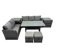 Fimous 7 Seat Outdoor Wicker Pe Rattan Garden Furniture Set Dining Table Sofa Sets With 2 Side Tables Small Stool Dark Grey Mixed