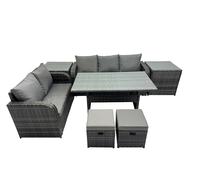 Fimous 7 Seat Outdoor Wicker PE Rattan Garden Furniture Set Dining Table Sofa Sets with 2 Side Tables Small Stool Dark Grey Mixed