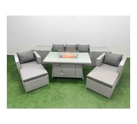Fimous 7 Seater PE Rattan Garden Furniture Set with Fire Pit Dining Table, 3 Seater Sofa, 2 Big Footstools, 2 Side Tables - Light Grey