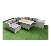 Fimous 7 Seat PE Rattan Lounge Sofa Set Outdoor Garden Furniture Set with Firepit Dining Table 3 Seater Sofa Big Stool 2 Side Tables Light Grey