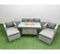 Fimous 7 Seat PE Rattan Lounge Sofa Set Outdoor Garden Furniture Set with Firepit Dining Table 3 Seater Sofa 2 Big Footstools 2 Side Tables