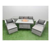 Fimous 7 Seat PE Rattan Lounge Sofa Set Outdoor Garden Furniture Set with Firepit Dining Table 3 Seater Sofa 2 Big Footstools Side Table Light Grey