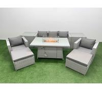 Fimous 7 Seat PE Rattan Lounge Sofa Set Outdoor Garden Furniture Set with Firepit Dining Table 3 Seater Sofa 2 Big Footstools 2 Side Tables