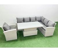 Fimous 7 Seat Rattan Garden Furniture Corner Sofa Set Outdoor Adjustable Lifting Dining or Coffee Table Set with Armchair Light Grey