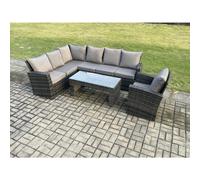 Fimous 7 Seat Rattan Garden Furniture Corner Sofa Set Outdoor Patio Chair Sofa Table Set Dark Grey Mixed