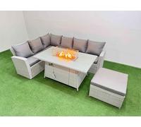 Fimous 7 Seat Rattan Garden Furniture Corner Sofa Set Outdoor Gas Fire Pit Table Sets with Big Footstool Light Grey