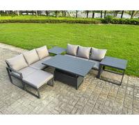 Fimous 7 Seater Aluminium Garden Furniture Set with Adjustable Rising Dining Table, 2 Sofas, 2 Side Tables & Footstool - Dark Grey