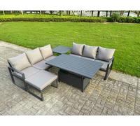 Fimous 7 Seater Aluminium Garden Furniture Set with Adjustable Rising Dining Table, 2 Sofas, Side Table & Footstool - Dark Grey