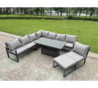 Fimous 8 Pieces Aluminium Garden Furniture Set with Cushions, Patio Furniture Set with Adjustable Rising Lifting Dining Table Big Footstool Dark Grey