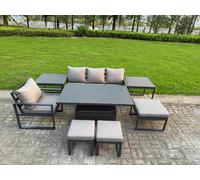 Fimous 7 Seater Aluminium Outdoor Dining Set with Adjustable Rising Dining Table, Chairs, 3 Footstools, 2 Side Tables - Dark Grey