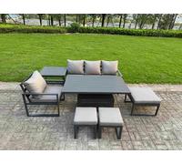 Fimous 7 Seater Aluminium Outdoor Dining Set with Adjustable Rising Dining Table Chairs, 3 Footstools, Side Table - Dark Grey