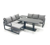 Fimous 7 Seater Aluminium Outdoor Garden Furniture Set with Adjustable Rising Lifting Dining Table Big Footstool Side Table Dark Grey