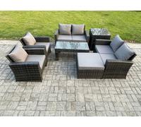 Fimous 7 Seater Dark Grey Mixed High Back Rattan Sofa Set Coffee Table Garden Furniture Outdoor Patio With Love Sofa Arm Chairs Big footstool