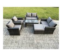 Fimous 7 Seater Dark Grey Mixed High Back Rattan Sofa Set Coffee Table Garden Furniture Outdoor Patio With Love Sofa Arm Chairs Big footstool