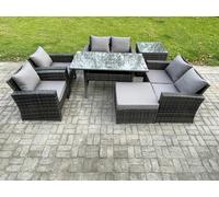Fimous 7 Seater Dark Grey Mixed Rattan Outdoor Lounge Set - Oblong Dining Table, Double Sofa & Footstool
