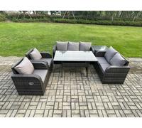 FIMOUS 7-Seater Dark Grey PE Rattan Outdoor Set – Reclining Chair, Loveseat & Dining Table