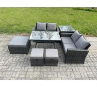 Fimous 7 Seater Dark Grey Mixed Rattan Outdoor Dining Set - Rectangular Dining Table, Double Sofa & 3 Footstools