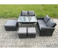 Fimous 7 Seater Garden Dining Set Wicker PE Rattan Outdoor Furniture Sofa with Rectangular Dining Table Double Seat Sofa 3Footstools Dark Grey Mixed