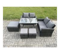 Fimous 7 Seater Garden Dining Set Wicker PE Rattan Outdoor Furniture Sofa with Rectangular Dining Table Double Seat Sofa 3Footstools Dark Grey Mixed