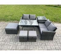 Fimous 7 Seater Dark Grey Mixed Rattan Outdoor Dining Set - Rectangular Dining Table, Double Sofa & 3 Footstools