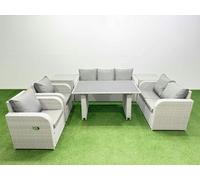 Fimous 7 Seater Garden Furniture Set PE Rattan Garden Sofa Set with Rectangular Dining Table 2 Side Tables Light Grey