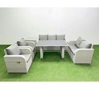 Fimous 7 Seater Garden Furniture Set PE Ratten Garden Sofa Set with Rectangular Dining Table Side Table Light Grey