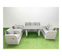 Fimous 7 Seater Garden Furniture Set PE Ratten Garden Sofa Set with Rectangular Dining Table 2 Side Tables Light Grey