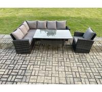 Fimous 7 Seater Garden Rattan Furniture Corner Dining Set Indoor Outdoor Lounge Sofa Set Dark Grey Mixed Fimous Dark Grey