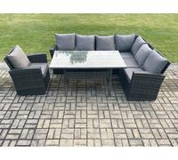 Fimous 7 Seater Garden Rattan Furniture Corner Sofa Dining Table Chair Set with Temper GlassIndoor Outdoor Lounge Sofa Set in Dark Grey Fimous Dark Grey