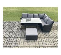 Fimous 7 Seater Garden Rattan Furniture Corner Sofa Dining Table Set with Big Footstool Indoor Outdoor Lounge Sofa Set