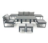 Fimous 7 Seater Garden Sofa Set Aluminium Furniture Rising Dining Tabe Set With Chair 3 Footstool 2 Side Tables Dark Grey