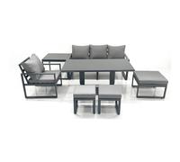 Fimous 7 Seater Garden Sofa Set Aluminium Furniture Rising Dining Tabe Set with Chair 3 Footstool Side Table Dark Grey