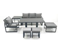Fimous 7 Seater Garden Sofa Set Aluminium Furniture Rising Dining Tabe Set with Chair 3 Footstool Side Table Dark Grey