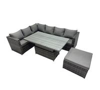 Fimous 7-Seater Height Adjustable Rising Lifting Table Corner Sofa Set Rattan Garden Furniture Set With Big Stool Dark Grey Mixed