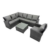 Fimous 7 seater high back dark grey mixed rattan corner sofa set chair square coffee table outdoor furniture left option