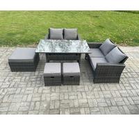 Fimous 7 Seater High Back Outdoor Garden Furniture Rattan Sofa Dining Table Set with 3 Footstools Dark Grey Mixed